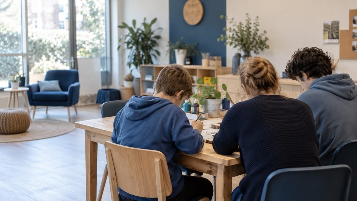 Kinderen en begeleider tijdens een rustige creatieve activiteit bij dagbesteding in Aalsmeer