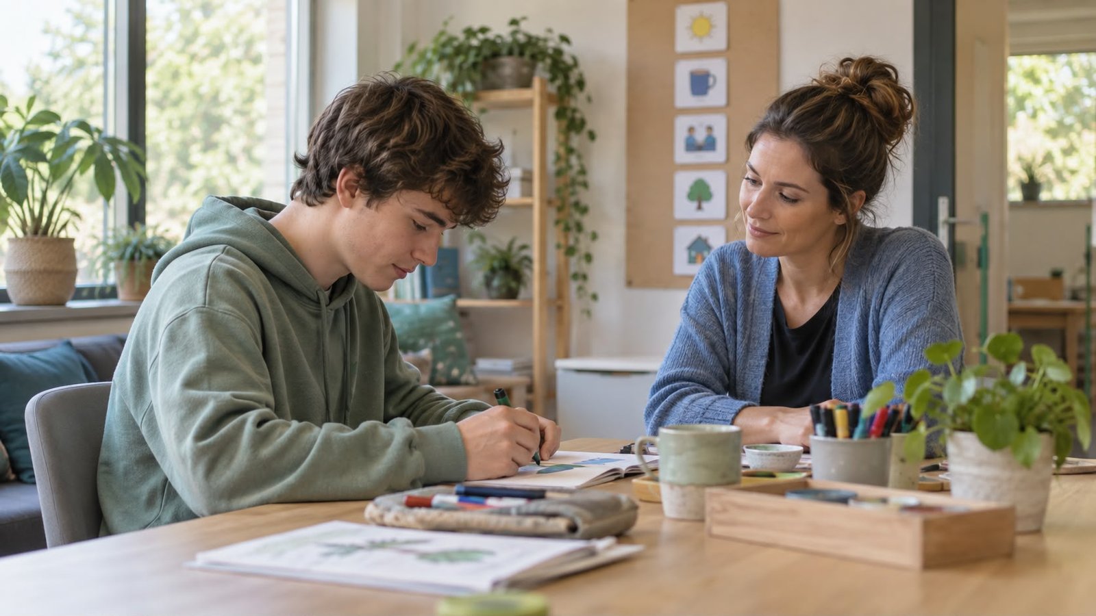 Jongere met autisme tijdens rustige dagbesteding met persoonlijke begeleiding