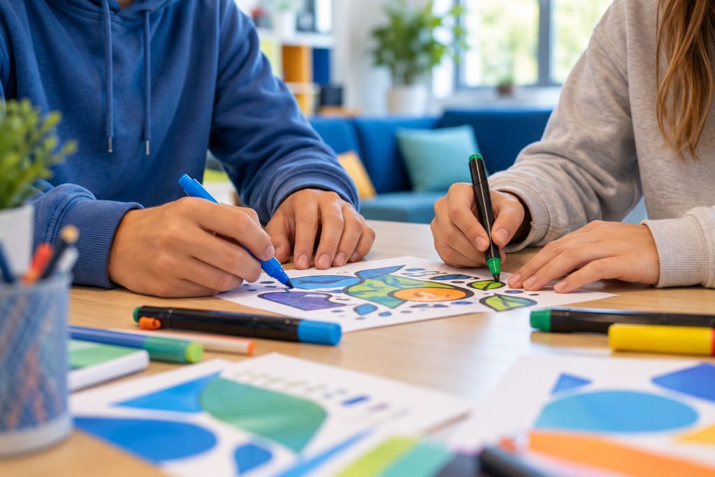 Handen van jongeren die samen aan een creatieve activiteit werken